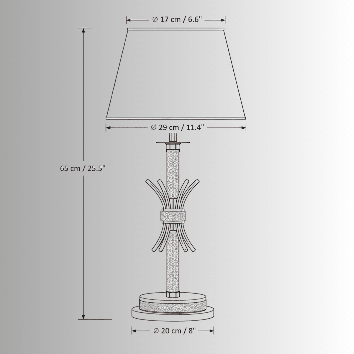 CAD drawing of Maria Eleganza Table Lamp, front view with detailed measurements in metric and imperial.