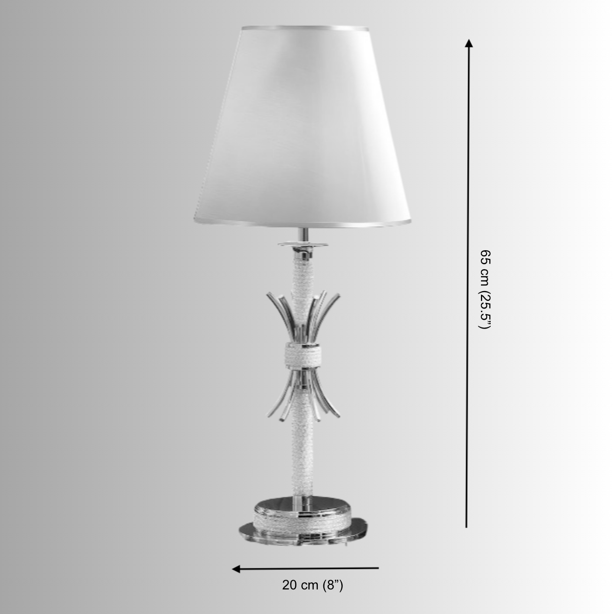 Maria Eleganza table lamp size diagram showing 65 cm height and 20 cm base diameter with crystal detailing and ivory shade.