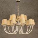 Luxury 15-light Maria Grandeur chandelier with ivory shades, Asfour crystal arms and 18K gold-plated copper, front view.