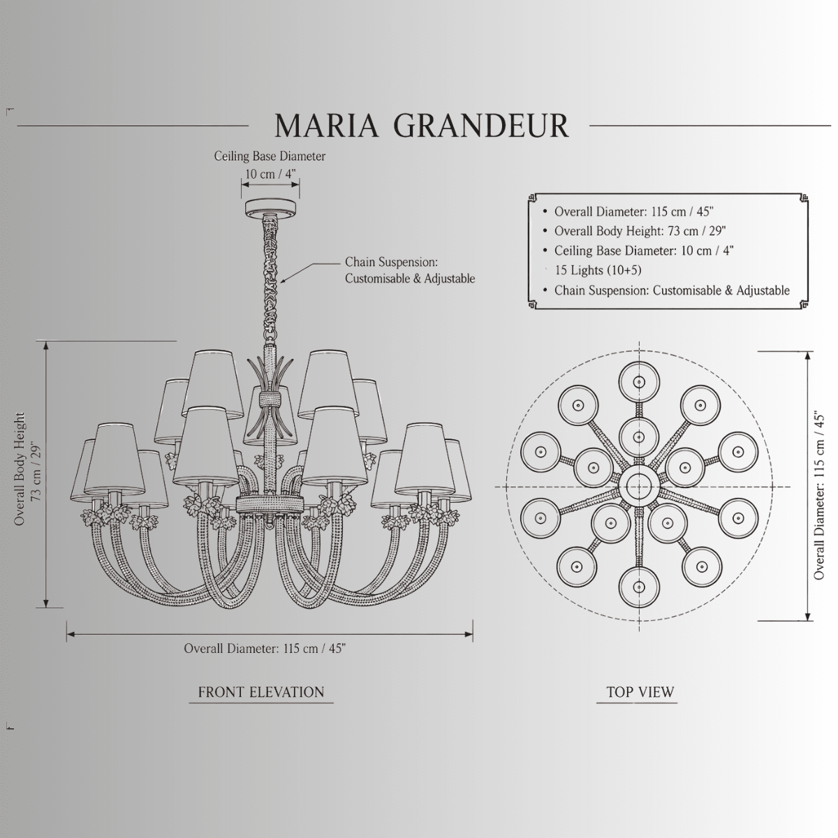 CAD drawing of the Maria Grandeur chandelier showing 115 cm diameter and 73 cm height with crystal arms and fabric shades.
