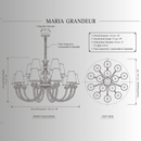 CAD drawing of the Maria Grandeur chandelier showing 115 cm diameter and 73 cm height with crystal arms and fabric shades.