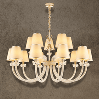 Luxury 15-light Maria Grandeur chandelier with ivory shades, Asfour crystal arms and 18K gold-plated copper, front view.