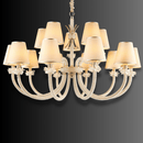 Maria Grandeur 15-light chandelier with gold-plated frame and crystal-wrapped arms displayed on dark gradient background.