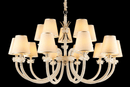 Hero image of the Maria Grandeur 15-light chandelier with ivory shades and crystal-wrapped arms shown on a black background.