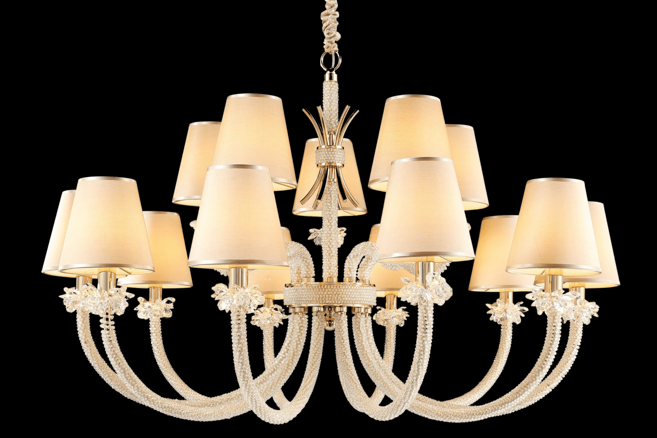 Hero image of the Maria Grandeur 15-light chandelier with ivory shades and crystal-wrapped arms shown on a black background.