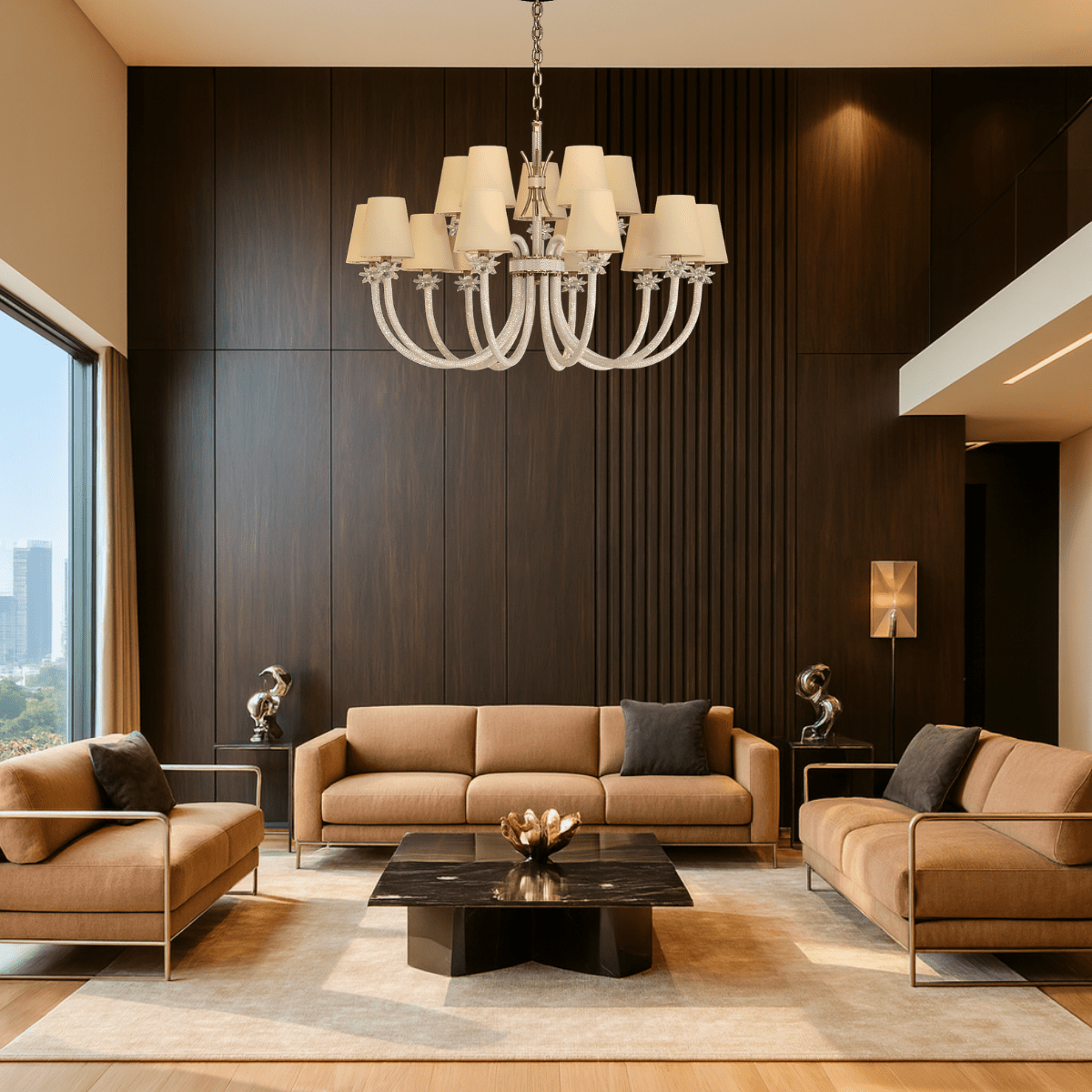 Maria Grandeur chandelier illuminating a luxury living room with warm tones, crystal-wrapped arms and 18K gold-plated accent.