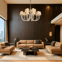 Maria Grandeur chandelier illuminating a luxury living room with warm tones, crystal-wrapped arms and 18K gold-plated accent.