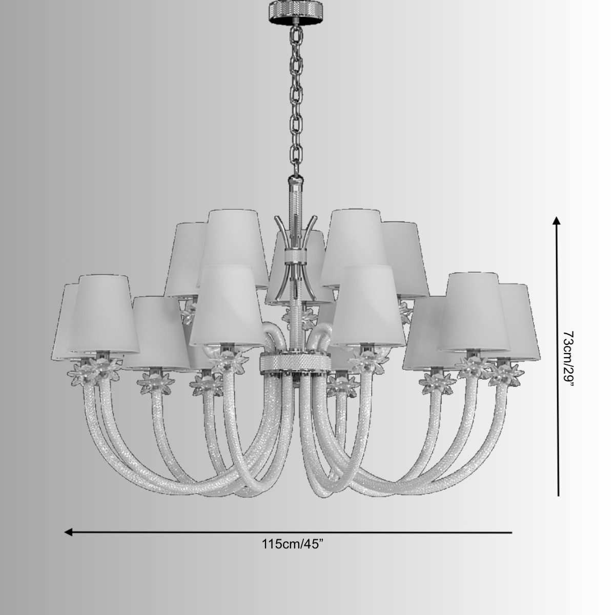 Size diagram of the Maria Grandeur chandelier showing 115 cm diameter and 73 cm height with crystal arms and fabric shades.