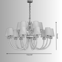 Size diagram of the Maria Grandeur chandelier showing 115 cm diameter and 73 cm height with crystal arms and fabric shades.