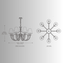 CAD drawing of Maria Luxe 8 arms light, top and front view againt a light grey background