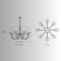 CAD drawing of Maria Luxe 8 arms light, top and front view againt a light grey background