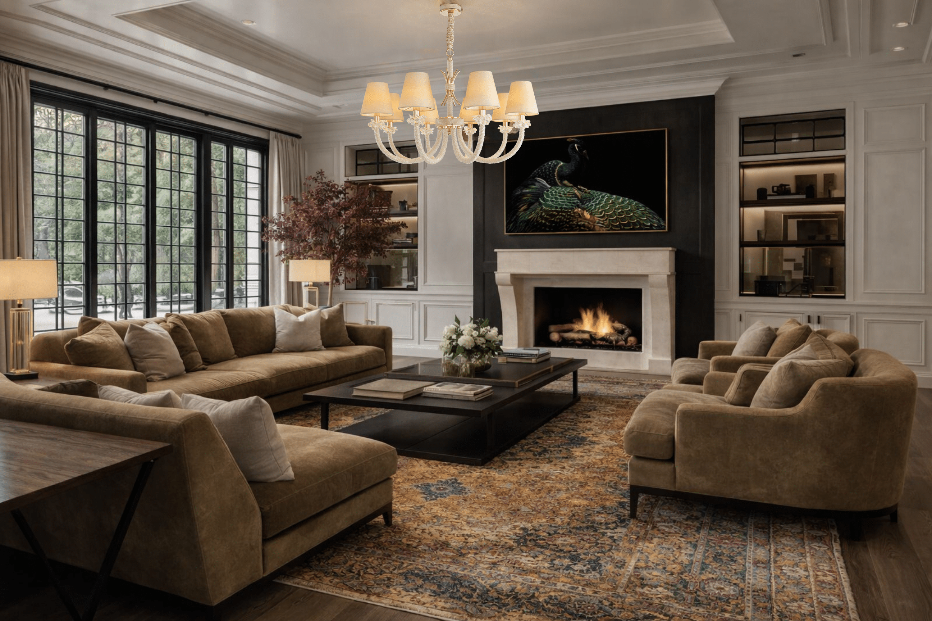 Maria Luxe chandelier installed in formal reception room with fireplace and symmetrical seating layout