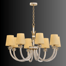 Maria Luxe chandelier on a dark gradient background, featuring 8 ivory shades, crystal-wrapped arms, gold detailing.