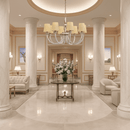 Maria Luxe chandelier installed in a luxury hotel lobby with marble columns, showcasing elegant 8-light design.