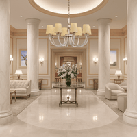 Maria Luxe chandelier installed in a luxury hotel lobby with marble columns, showcasing elegant 8-light design.