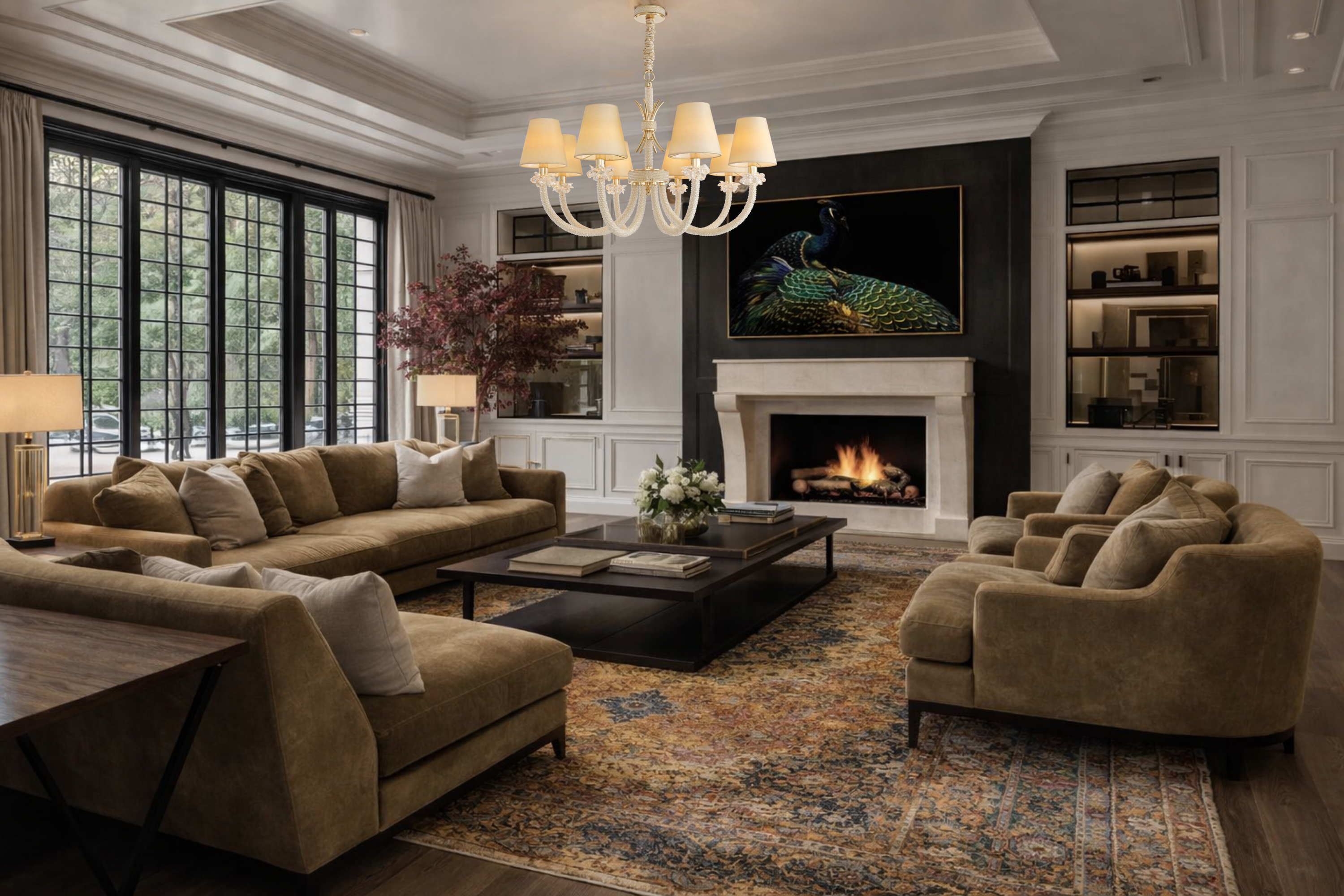 Maria Luxe chandelier installed in formal reception room with fireplace and symmetrical seating layout