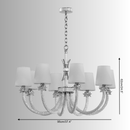 Size diagram of the Maria Luxe chandelier showing 95 cm diameter and 62 cm height with crystal arms and ivory shades.