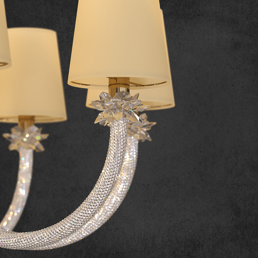 Close-up of Maria Luxe chandelier showing precision-cut Asfour crystal flowers and crystal-wrapped gold arm detailing.
