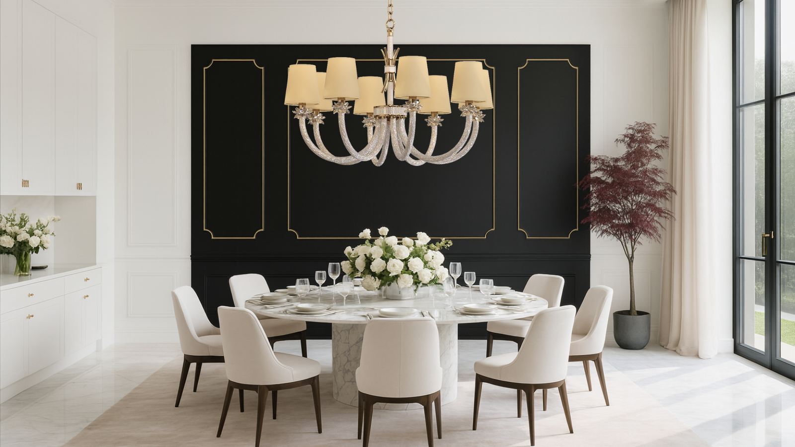 Maria Luxe chandelier by HDLS Lighting Ltd illuminating a French-inspired modern dining room with ivory fabric shades, gold accents, and timeless elegance.