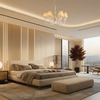 Maria Petite Éclat chandelier installed in a luxury bedroom with warm neutral décor, showcasing soft ambient lighting.