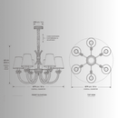 CAD drawing of the Maria Petite Éclat 6 light chandelier, Front and top orthographic elevation view.