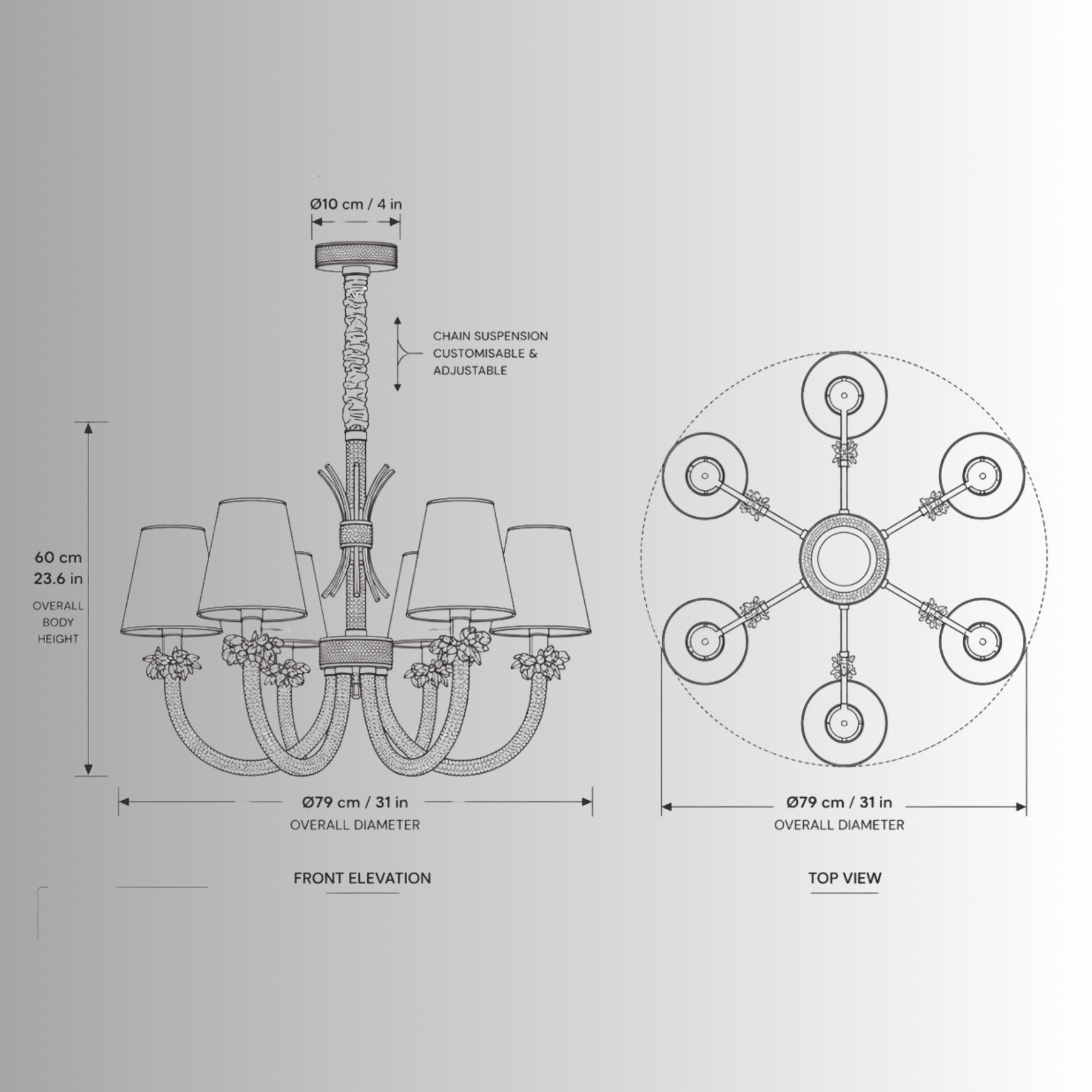 CAD drawing of the Maria Petite Éclat 6 light chandelier, Front and top orthographic elevation view.