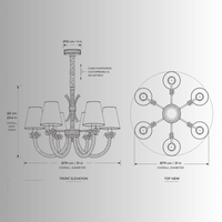 CAD drawing of the Maria Petite Éclat 6 light chandelier, Front and top orthographic elevation view.