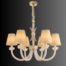 Maria Petite Éclat chandelier on a dark gradient background, featuring six ivory shades, crystal arms and polished 18K gold.
