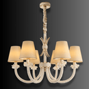 Maria Petite Éclat chandelier on a dark gradient background, featuring six ivory shades, crystal arms and polished 18K gold.