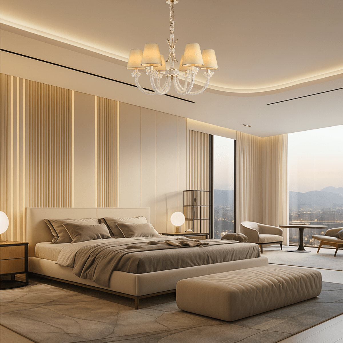 Maria Petite Éclat chandelier installed in a luxury bedroom with warm neutral décor, showcasing soft ambient lighting.