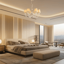 Maria Petite Éclat chandelier installed in a luxury bedroom with warm neutral décor, showcasing soft ambient lighting.