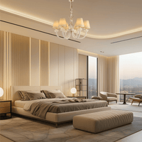 Maria Petite Éclat chandelier installed in a luxury bedroom with warm neutral décor, showcasing soft ambient lighting.