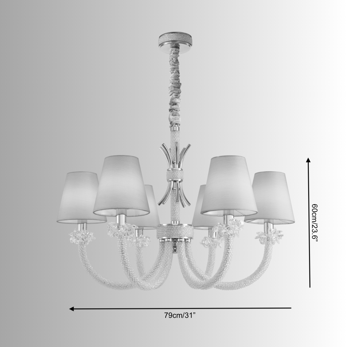 Size diagram of the Maria Petite Éclat chandelier showing 79 cm diameter and 60 cm height with crystal, ivory fabric shades.