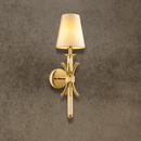 Maria Sconce Élan 18K gold-plated wall light with ivory fabric shade and Asfour crystal detailing shown on grey background.