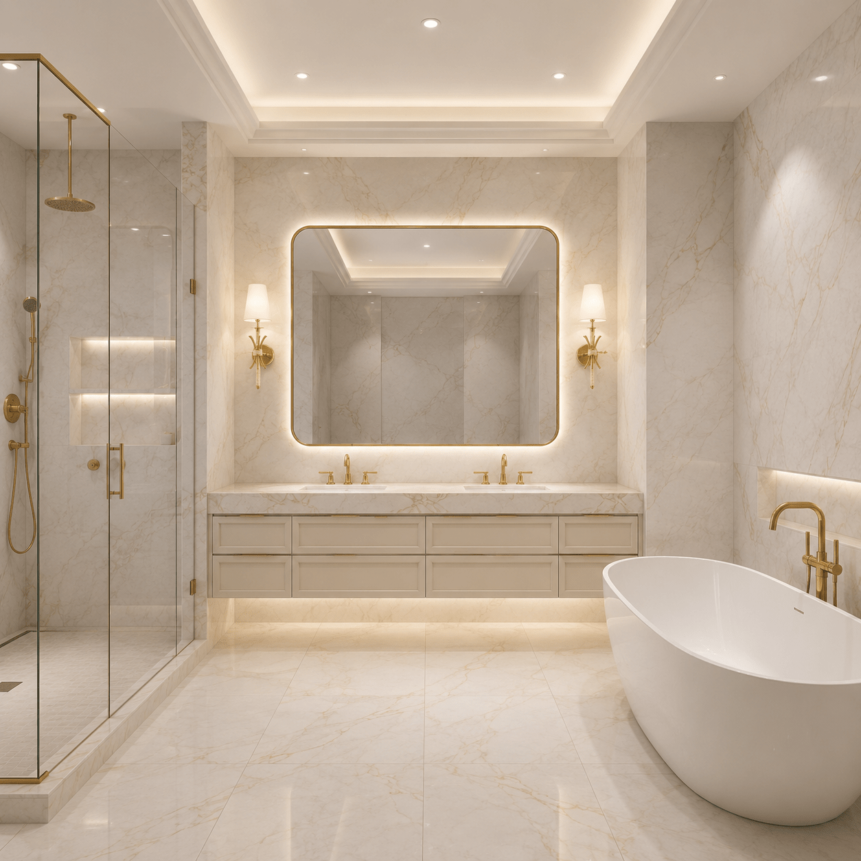 Maria Sconce Élan in a luxurious & premium bathroom with bathtub and shower and large mirror