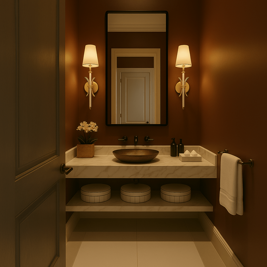 Maria Sconce Élan wall light installed in a luxury bathroom vanity area, casting warm ambient glow.