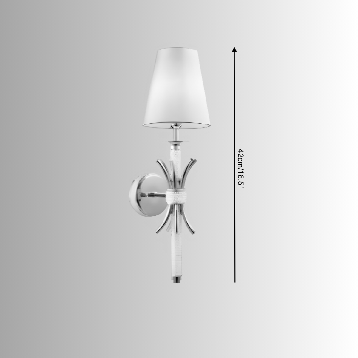 Maria Sconce Élan size diagram showing 42 cm height with 18K gold-plated crystal stem and tapered ivory shade design.