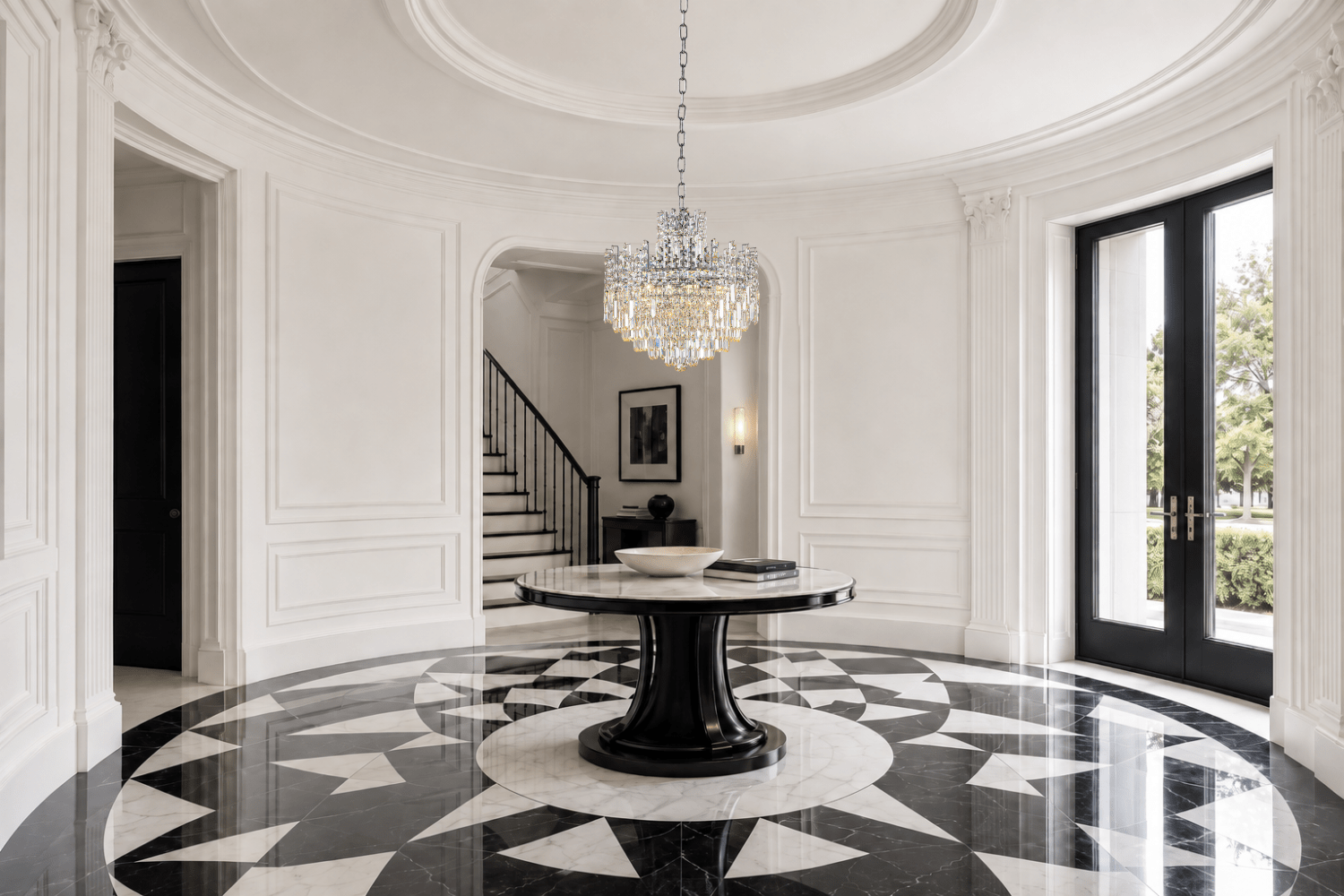 Maurice Argent crystal chandelier above a round table in a luxury black-and-white marble entrance.