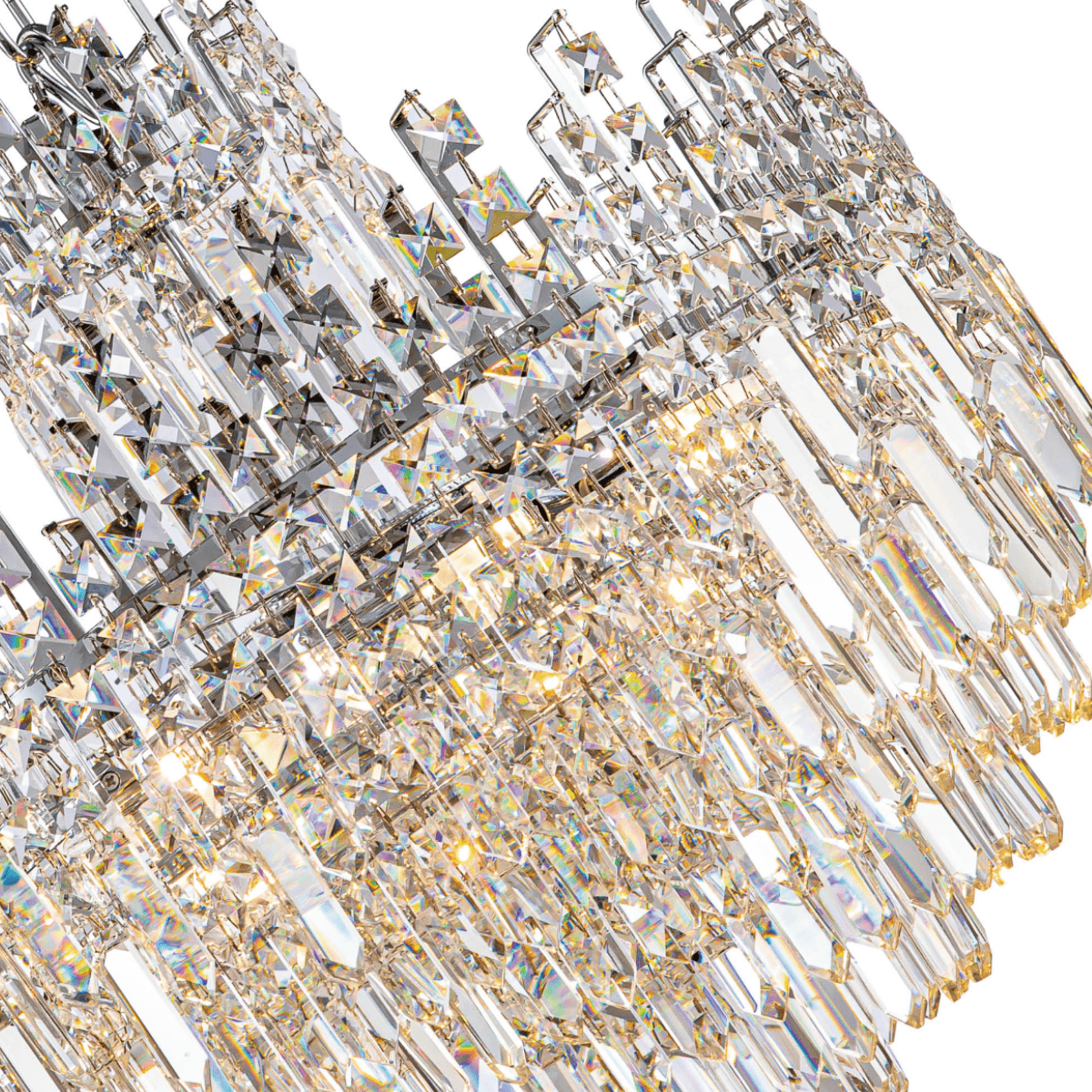 Close-up detail of Maurice Argent chandelier showcasing precision-cut Asfour Egyptian crystals and polished stainless steel.