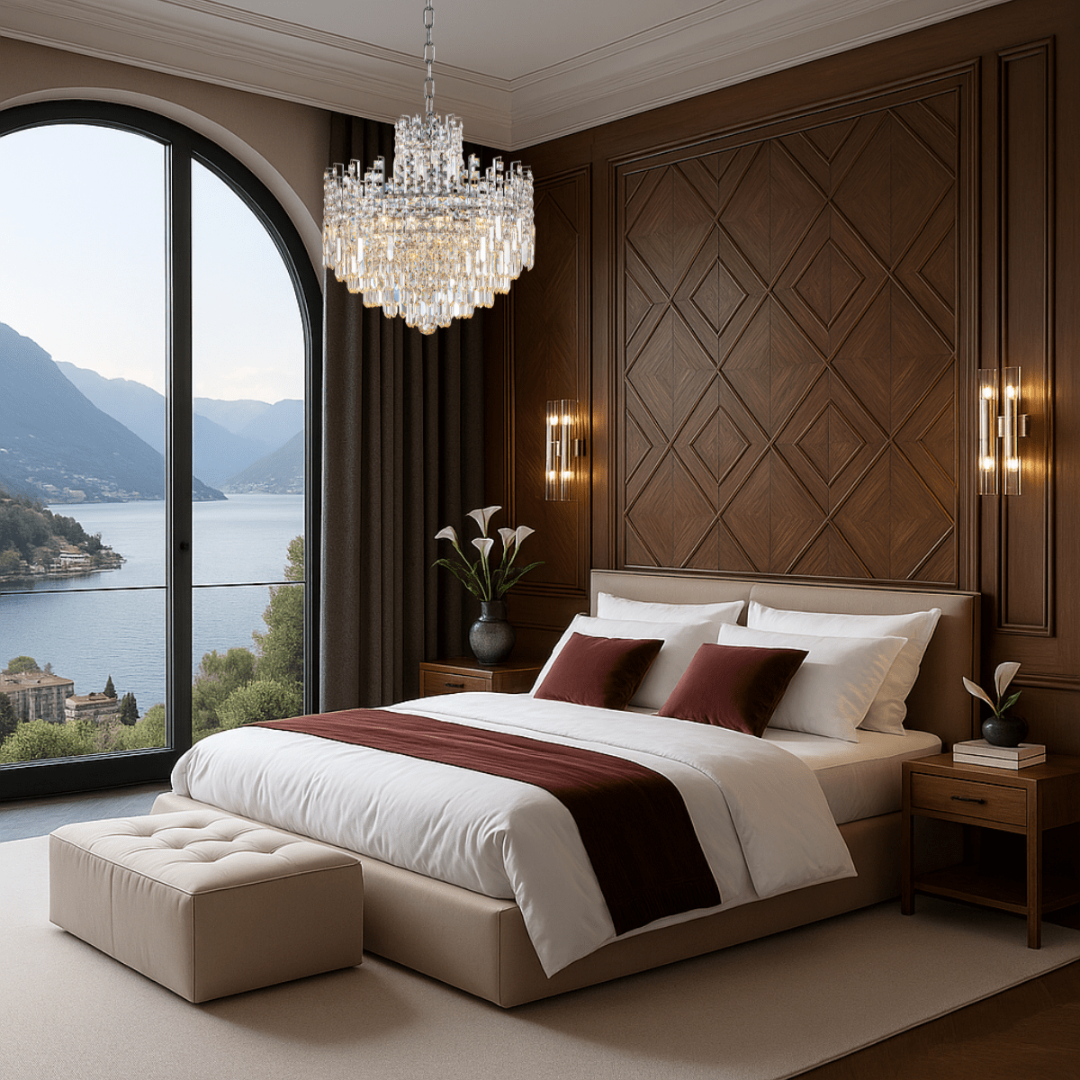 Maurice Argent chandelier illuminating a luxury bedroom with wood panel walls, upholstered bed, and soft ambient lighting.