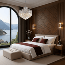 Maurice Argent chandelier illuminating a luxury bedroom with wood panel walls, upholstered bed, and soft ambient lighting.