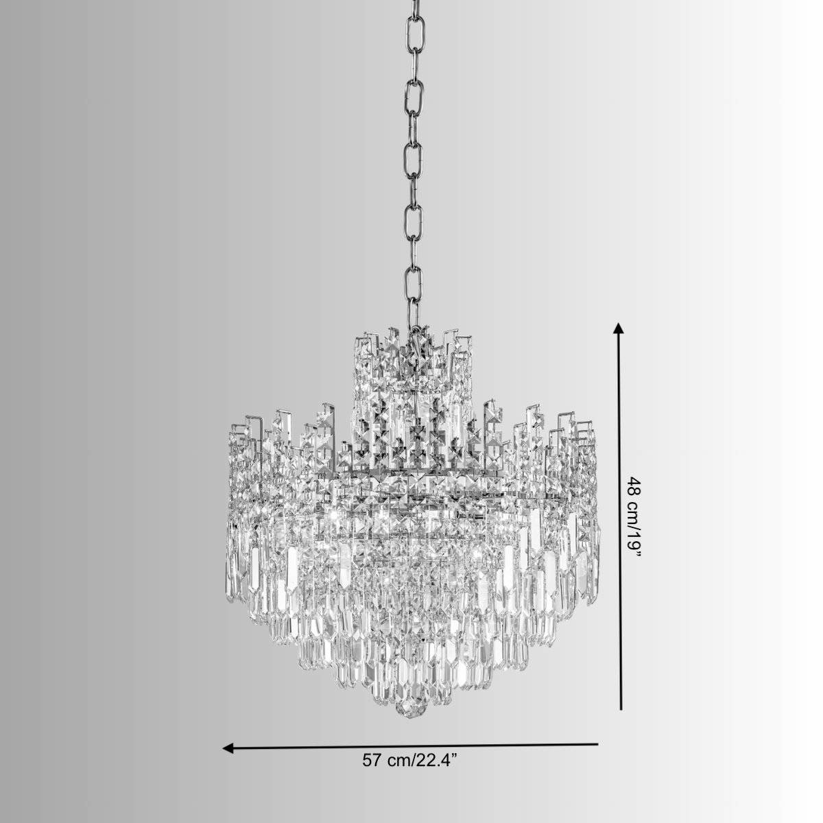 Technical render of the Maurice Argent chandelier showing diameter, height, and hanging drop for installation reference.