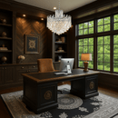 Maurice Argent crystal chandelier installed in an elegant home office with dark wood paneling and classic interior styling.