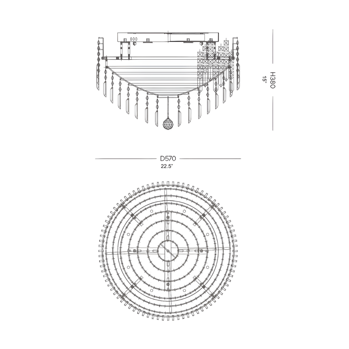 Technical drawing of Maurice Dore chandelier with dimensions