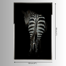 Zebra artwork with Swarovski crystal stripes shown with size reference on a black glass background.