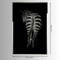 Zebra artwork with Swarovski crystal stripes shown with size reference on a black glass background.