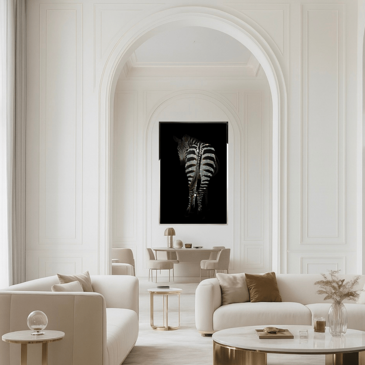 Large Swarovski crystal zebra artwork displayed in an elegant modern living room with tall archways and neutral decor.