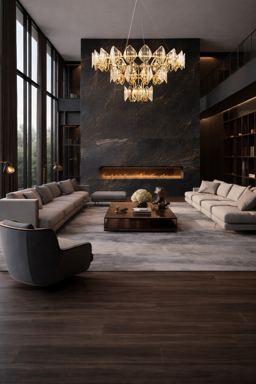 Modern double-height living room featuring large gold crystal chandelier above fireplace, ideal for high ceiling luxury homes in the USA.