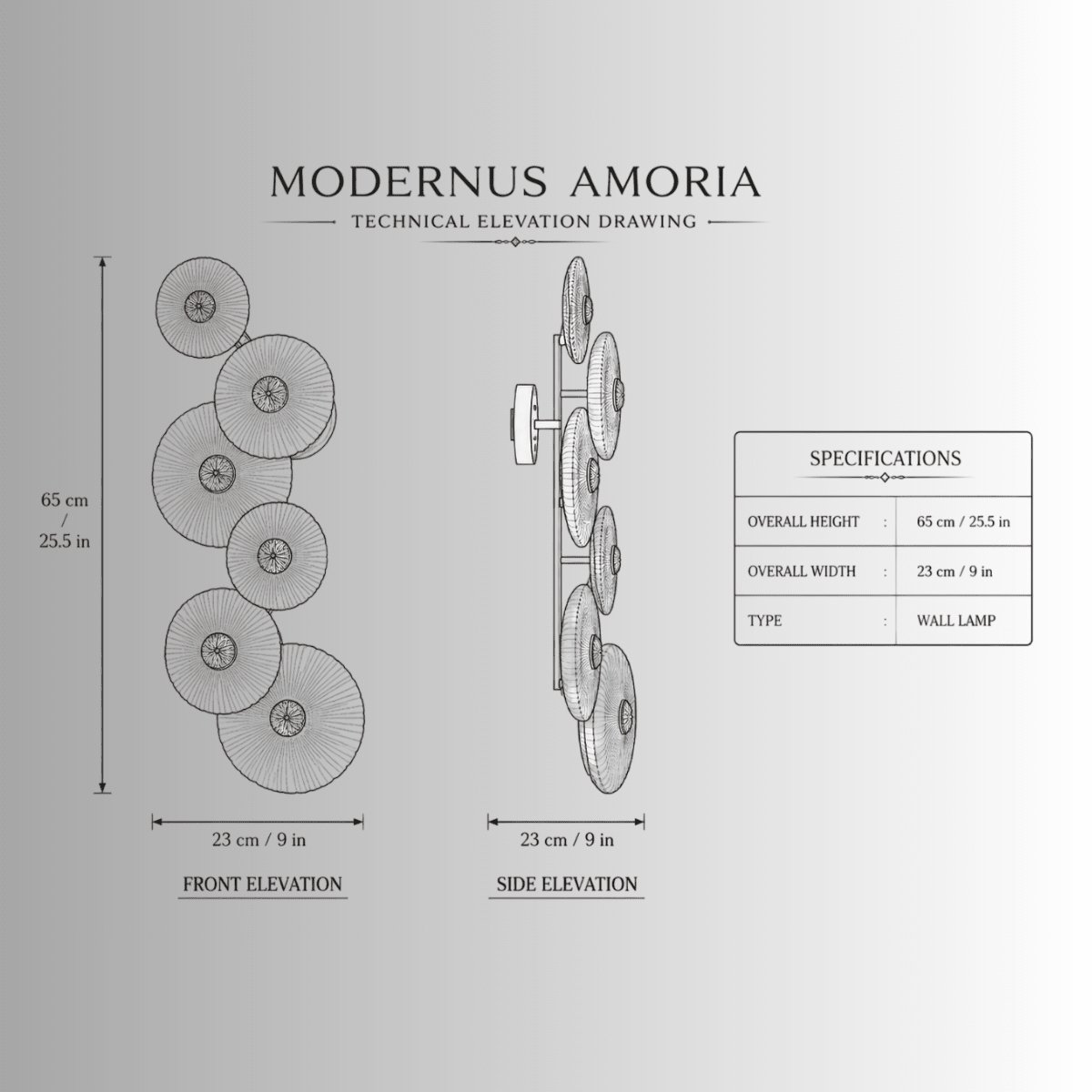 CAD elevation drawing of the Modernus Amoria wall lamp with front, side and dimensioned technical views.