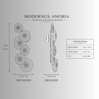 CAD elevation drawing of the Modernus Amoria wall lamp with front, side and dimensioned technical views.